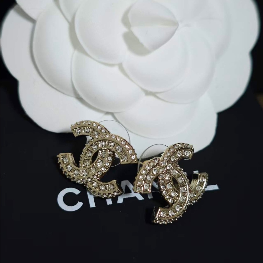Chanel Gold-Tone Double C Earrings with Sparkling Crystals